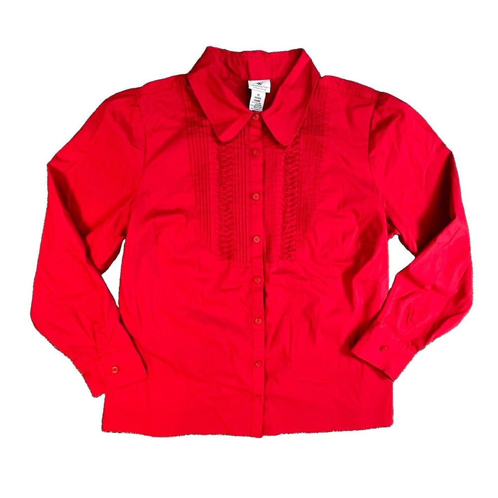 Worthington Blouse 1X Red Longsleeve Pintuck Collared Feminine Plus Size